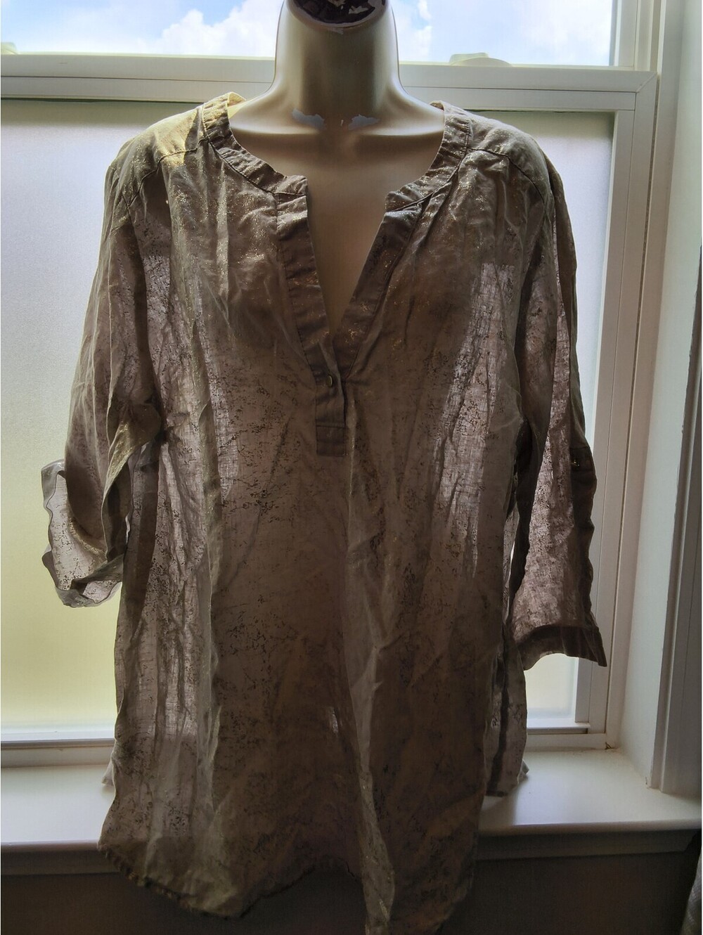 Women's Beige Linen + Cotton Long Sleeve Tunic Metallic Accents Lg-XL